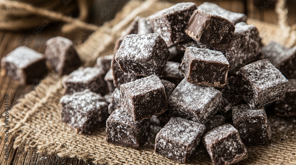 Close up of chocolate-covered Puppy Chow pieces dusted with powdered sugar, set on a rustic burlap cloth Close up of chocolate-covered Puppy Chow pieces dusted with powdered sugar, set on a rustic burlap cloth