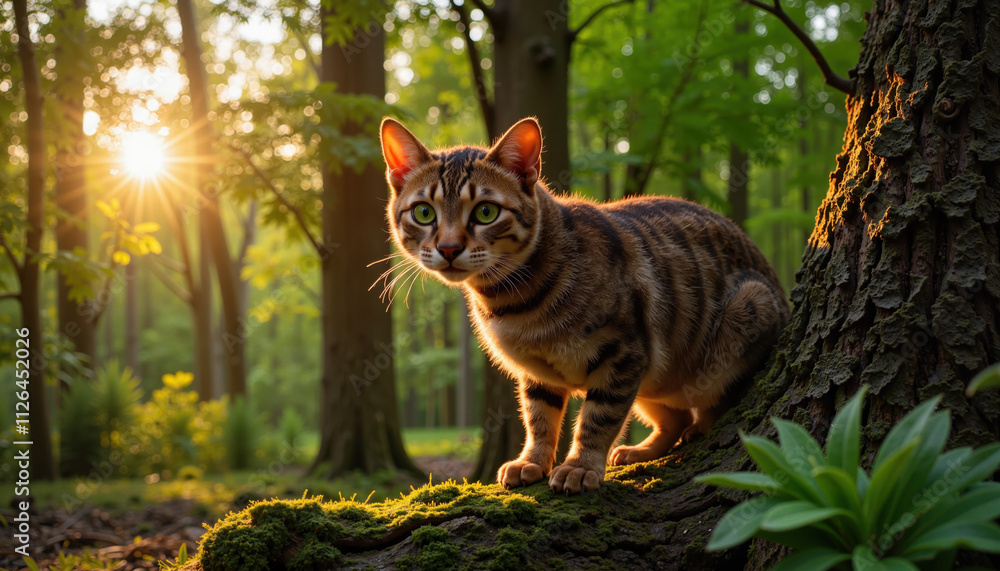 Obraz premium Tabby cat sitting on moss in a serene sunlit forest