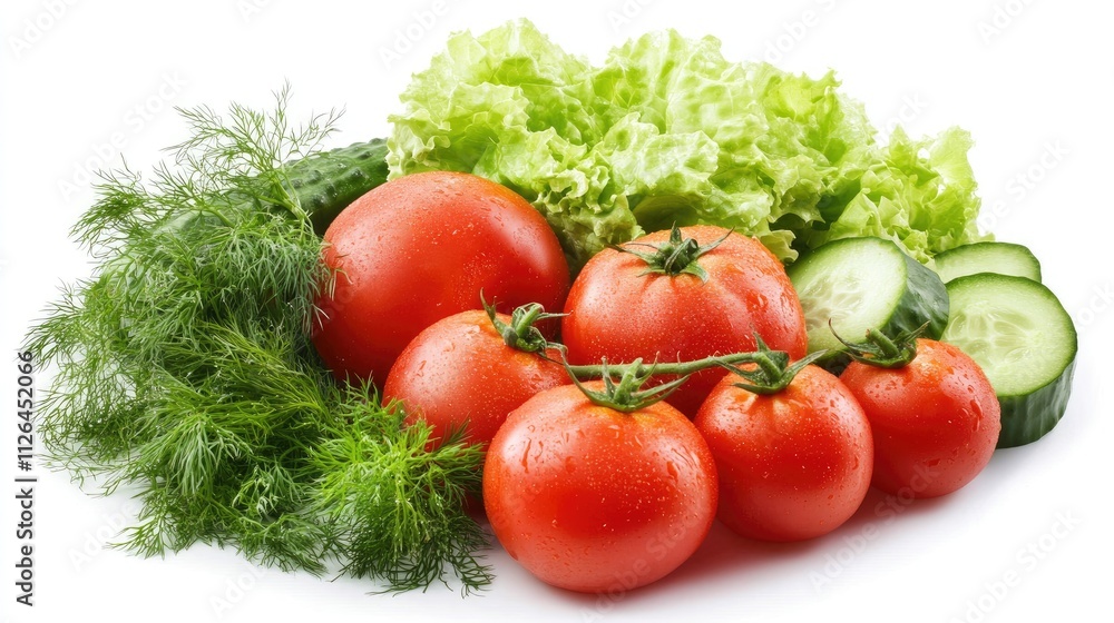Fresh organic vegetables on white background featuring ripe tomatoes, cucumber, dill, and crisp lettuce for healthy vegetarian dishes. Fresh organic vegetables on white background featuring ripe tomatoes, cucumber, dill, and crisp lettuce for healthy vegetarian dishes.