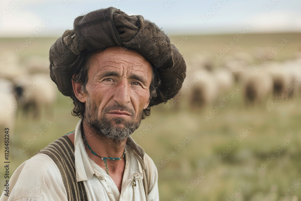 Photo of male shepherd with sheep in mountain pasture generative AI Photo of male shepherd with sheep in mountain pasture generative AI
