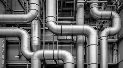 Industrial pipes of various sizes and shapes interconnected in a power plant showcasing complex engineering and architecture in a monochrome design photo