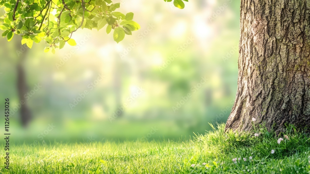 Tranquil springtime landscape featuring fresh green grass and a tree trunk in a sunlit meadow, evoking beauty and new life in nature. Tranquil springtime landscape featuring fresh green grass and a tree trunk in a sunlit meadow, evoking beauty and new life in nature.