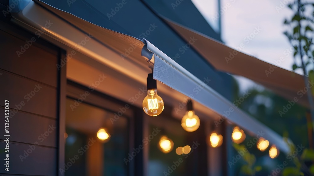 Modern terrace with awnings and illuminated string lights creating a warm outdoor ambiance during twilight hours. Modern terrace with awnings and illuminated string lights creating a warm outdoor ambiance during twilight hours.