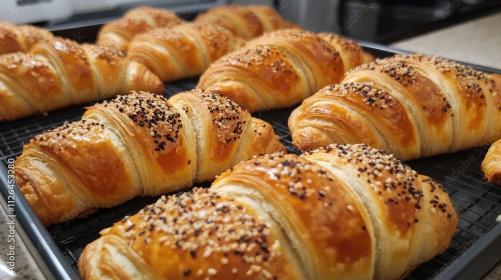 Freshly baked golden croissants topped with sesame seeds on a cooling rack, perfect for an energizing morning breakfast. Freshly baked golden croissants topped with sesame seeds on a cooling rack, perfect for an energizing morning breakfast.