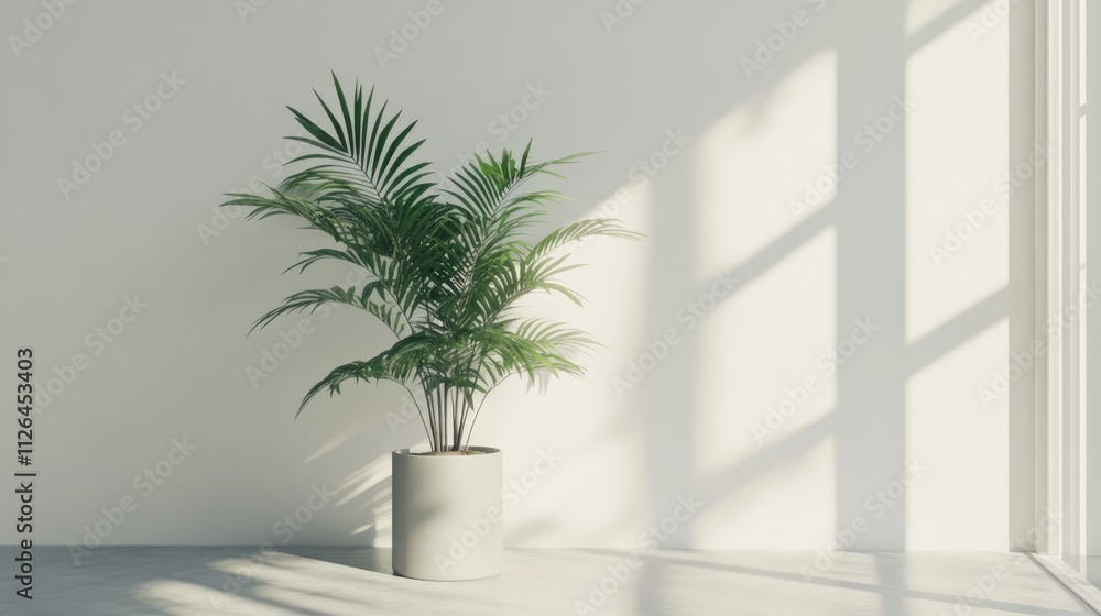 Houseplant in bright corner with natural light casting shadows in minimalist white walled room interior design Houseplant in bright corner with natural light casting shadows in minimalist white walled room interior design