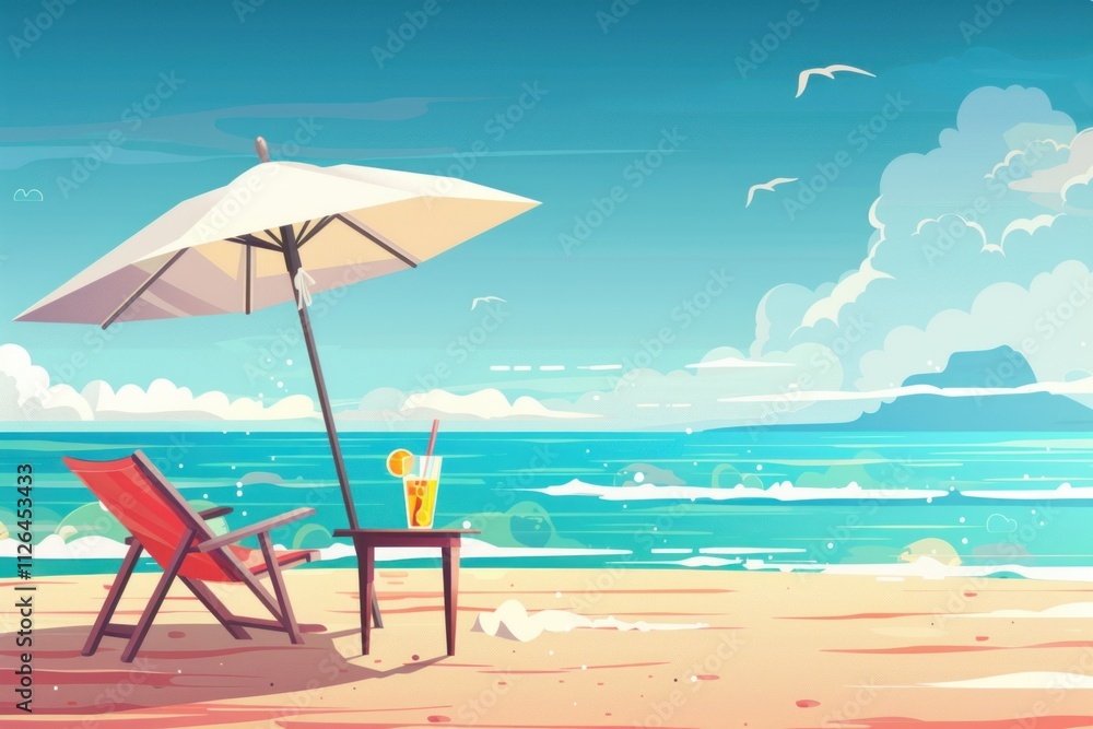 A chair and an umbrella provide shade on the sandy beach, with the azure sky reflecting in the crystal clear water of the oceanic coastal landforms A chair and an umbrella provide shade on the sandy beach, with the azure sky reflecting in the crystal clear water of the oceanic coastal landforms