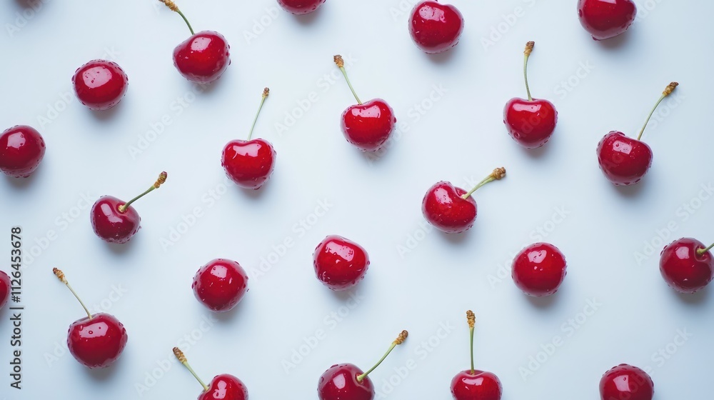 Fresh vibrant cherries arranged neatly on a white background showcasing their juicy texture and rich red color. Perfect for food-related projects. Fresh vibrant cherries arranged neatly on a white background showcasing their juicy texture and rich red color. Perfect for food-related projects.