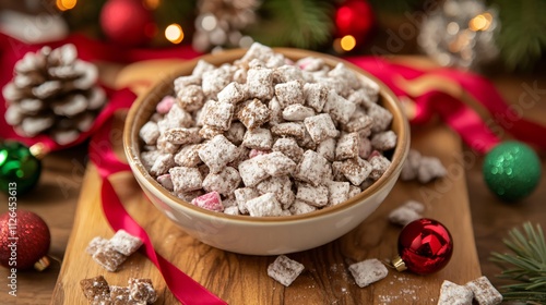 Festive Puppy Chow snack displayed on a wooden cutting board, decorated with holiday ribbons and ornaments photo