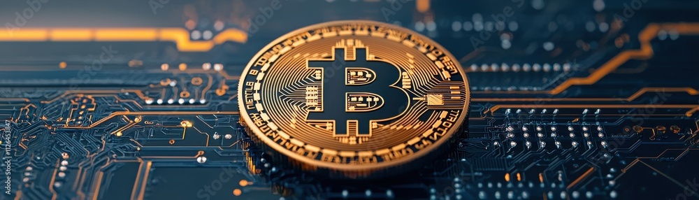 A close-up of a Bitcoin on a circuit board background, symbolizing cryptocurrency and digital finance technology. A close-up of a Bitcoin on a circuit board background, symbolizing cryptocurrency and digital finance technology.