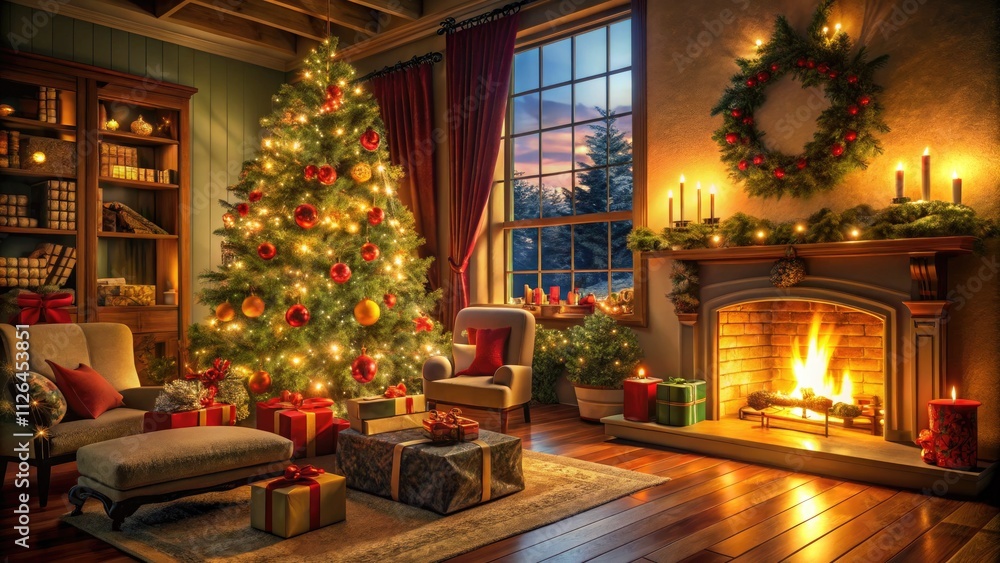 Aerial view: Christmas living room aglow. Glowing tree, crackling fireplace, presents piled high. Festive holiday cheer. Aerial view: Christmas living room aglow. Glowing tree, crackling fireplace, presents piled high. Festive holiday cheer.
