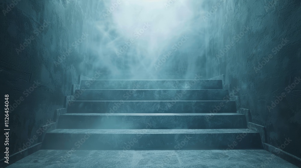 Mysterious Stairway, Shrouded in Ethereal Mist and Light, Leading Upwards in a Confined Space Mysterious Stairway, Shrouded in Ethereal Mist and Light, Leading Upwards in a Confined Space