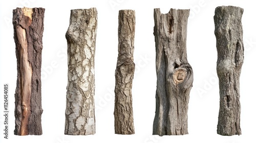 Diverse Collection of Isolated Tree Trunks on White Background for Natural Texture and Woodgrain Elements photo