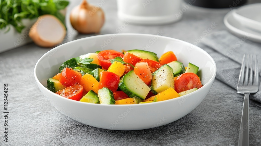 Fresh vegetable salad in a white bowl with fork on a gray countertop healthy eating diet cooking concept at home kitchen setting Fresh vegetable salad in a white bowl with fork on a gray countertop healthy eating diet cooking concept at home kitchen setting