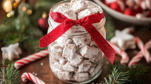 Holiday Puppy Chow snack in a mason jar tied with a red ribbon, surrounded by pine branches and candy canes photo