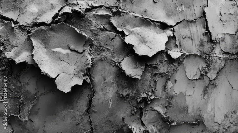 Obraz premium Close-up of cracked plaster texture revealing underlying concrete wall in monochrome tones showcasing the aging and weathering of surfaces.