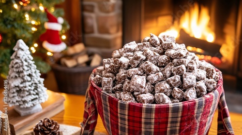 Holiday Puppy Chow snack in a plaid-lined basket, placed near a fireplace setting with cozy holiday decorations photo