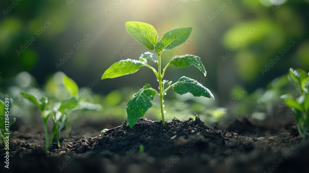 Vegetable seedlings benefiting from a modern drip irrigation system in a vibrant garden setting under natural sunlight Vegetable seedlings benefiting from a modern drip irrigation system in a vibrant garden setting under natural sunlight