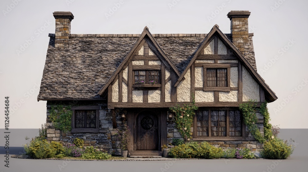 Charming traditional English village house with thatched roof and rustic stone facade surrounded by greenery and flowers. Charming traditional English village house with thatched roof and rustic stone facade surrounded by greenery and flowers.