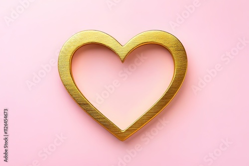 minimalist gold frame in shape of heart rests on pastel pink background softly glowing with copy space