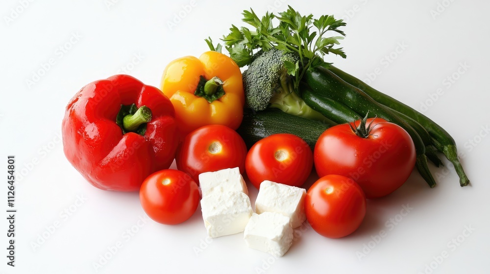 Fresh feta cheese surrounded by vibrant vegetables including tomatoes, peppers, zucchini, and parsley on a clean white background Fresh feta cheese surrounded by vibrant vegetables including tomatoes, peppers, zucchini, and parsley on a clean white background