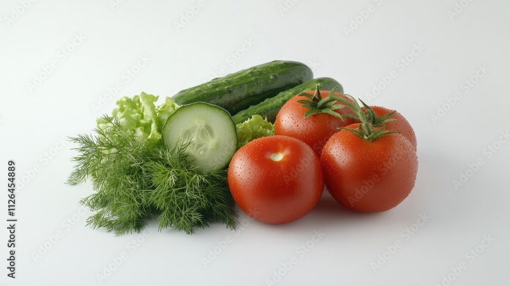 Fresh organic vegetables including ripe tomatoes, cucumber, dill, and lettuce on a white background for healthy vegetarian cuisine design. Fresh organic vegetables including ripe tomatoes, cucumber, dill, and lettuce on a white background for healthy vegetarian cuisine design.