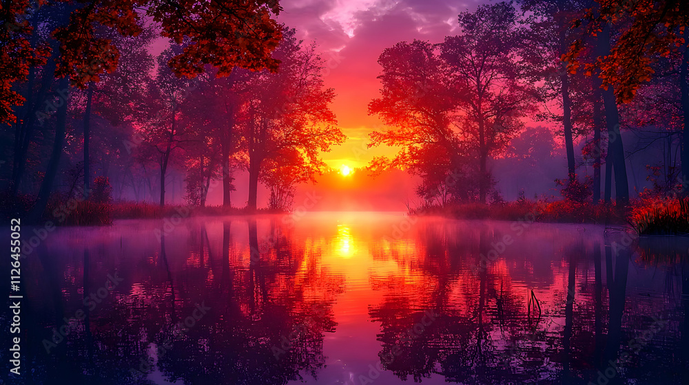 Misty Sunrise: Trees Reflecting in Still Water Misty Sunrise: Trees Reflecting in Still Water