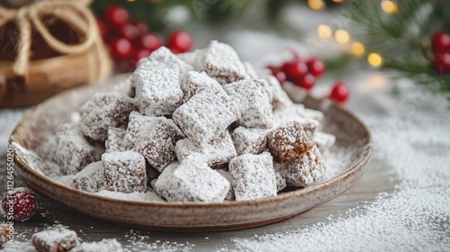 Isolated Puppy Chow snack on a rustic ceramic plate, with powdered sugar snow effect and red berries as accents photo