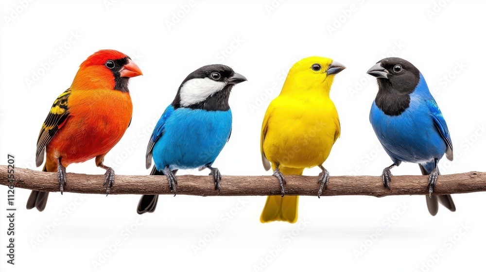 A photostock of colorful bird species perched on branches, isolated on a seamless white background, symbolizing nature and biodiversity. High Quality A photostock of colorful bird species perched on branches, isolated on a seamless white background, symbolizing nature and biodiversity. High Quality