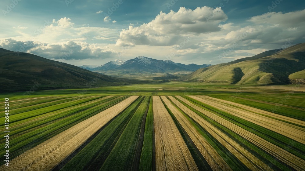 Obraz premium Expansive fertile agricultural landscape showcasing vibrant fields ready for crop sowing and growth under a dramatic sky.