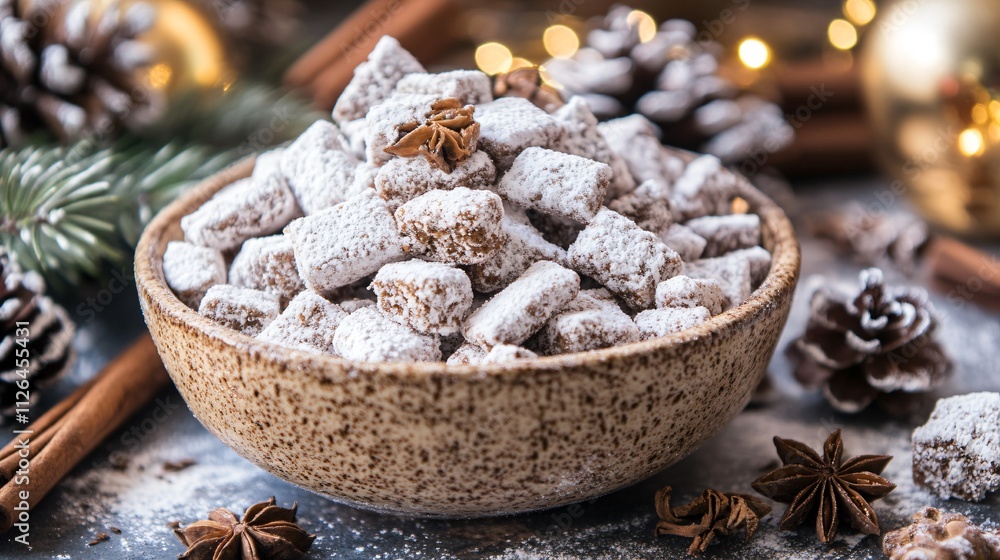 Puppy Chow holiday snack served in a rustic ceramic bowl, surrounded by pinecones, cinnamon sticks, and star anise