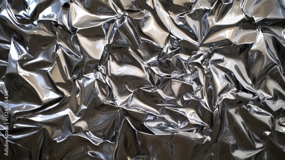 Wrinkled metallic surface of crumpled aluminum foil showcasing texture and reflections ideal for design and background applications Wrinkled metallic surface of crumpled aluminum foil showcasing texture and reflections ideal for design and background applications