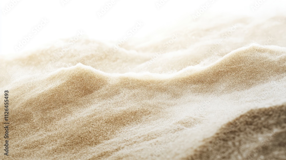 Fine beige sand texture gently flowing on a white background creating a serene and minimalist natural composition for design use. Fine beige sand texture gently flowing on a white background creating a serene and minimalist natural composition for design use.