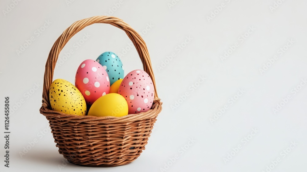 Colorful Easter eggs in a woven basket on a clean white background festive spring holiday decoration concept Colorful Easter eggs in a woven basket on a clean white background festive spring holiday decoration concept