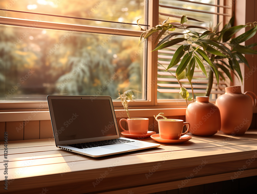 Fototapeta premium Grandiose Laptop computer with blank screen on table mockup copy space