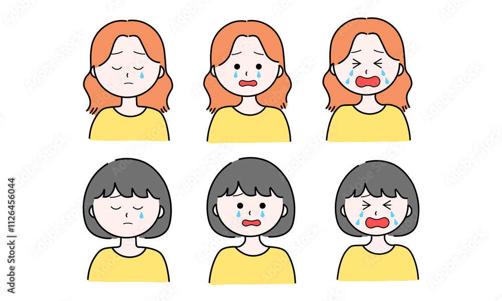 女性イラストセット/悲しみ/泣く/号泣 女性イラストセット/悲しみ/泣く/号泣