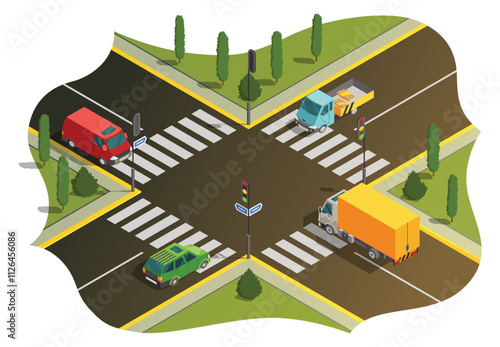 Isometric Illustration Depicting a Detailed and Busy Urban Intersection Surrounded by Vehicles
