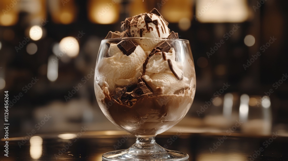 Delicious ice chocolate dessert topped with chocolate shavings served in a glass at a cozy cafe ambiance Delicious ice chocolate dessert topped with chocolate shavings served in a glass at a cozy cafe ambiance