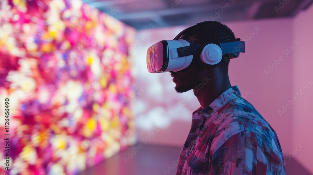 Person wearing headset, viewing colorful virtual scene. Person wearing headset, viewing colorful virtual scene.