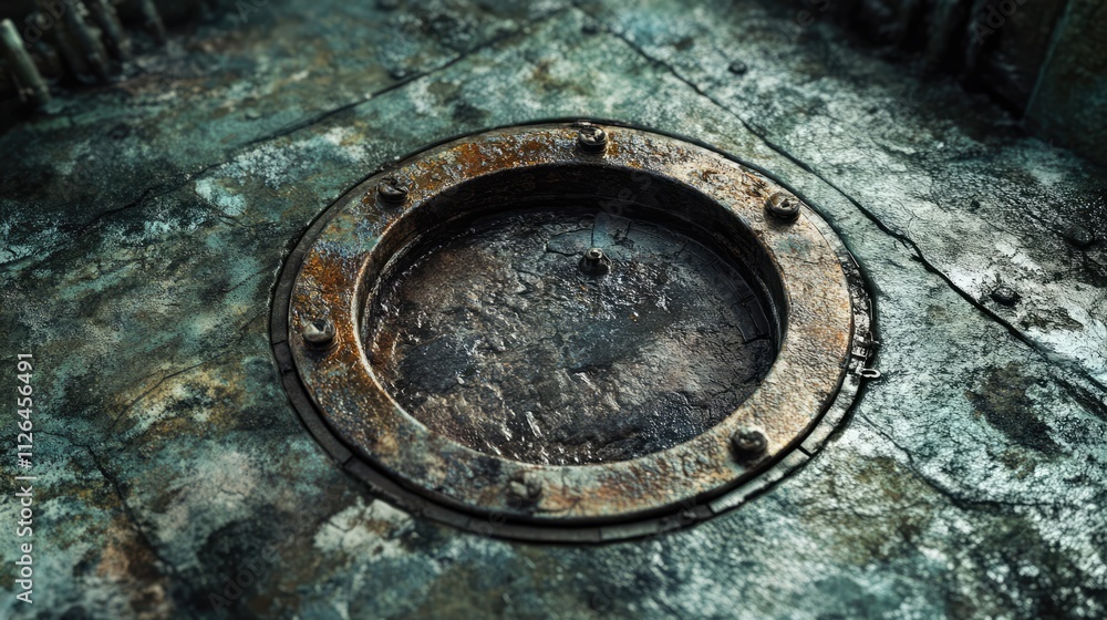 Rusty iron sewer manhole cover on weathered concrete surface in an urban environment conveying age and industrial aesthetics Rusty iron sewer manhole cover on weathered concrete surface in an urban environment conveying age and industrial aesthetics