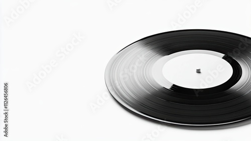 Vintage vinyl record on a minimalist white background, showcasing its grooves and classic design in stunning detail