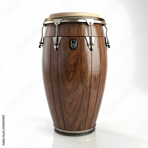 A classic conga drum with rich wood grain