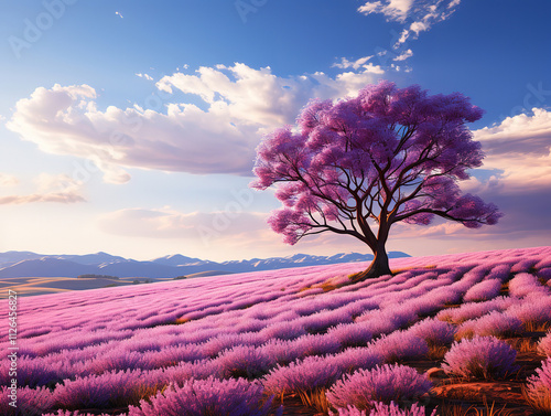 Provence lavender fields with a solitary tree creating a picturesque scene photo