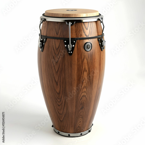 A classic conga drum with rich wood grain