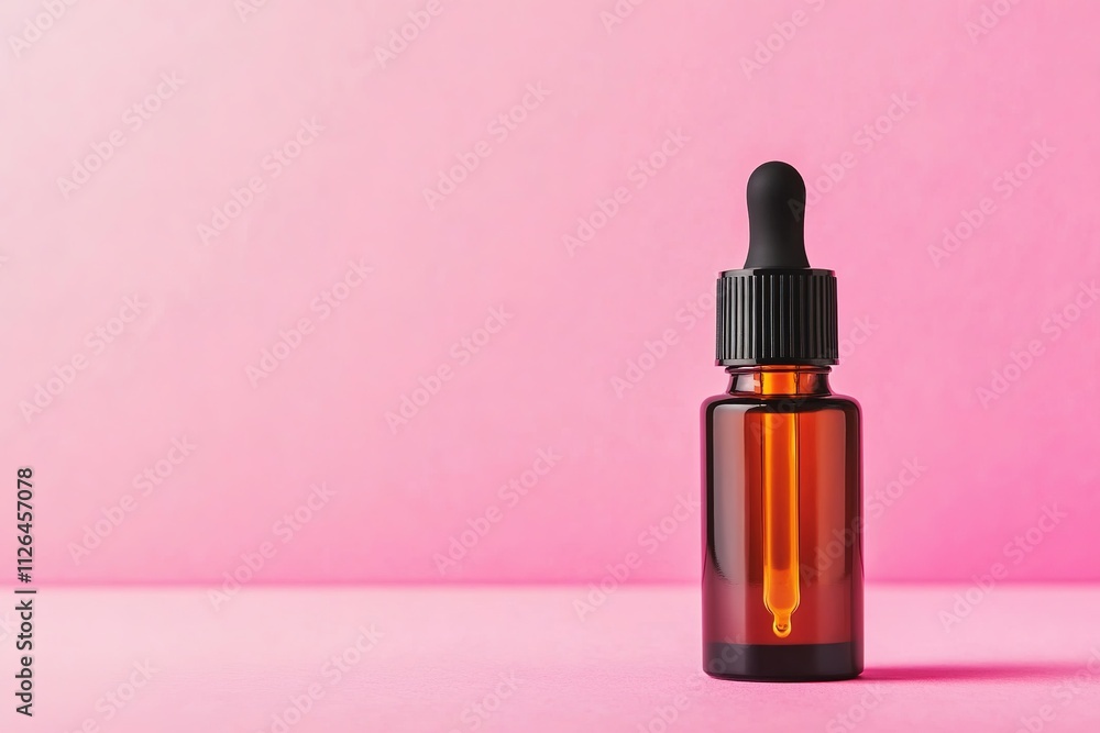 Dropper bottle on pink background with space for text Dropper bottle on pink background with space for text