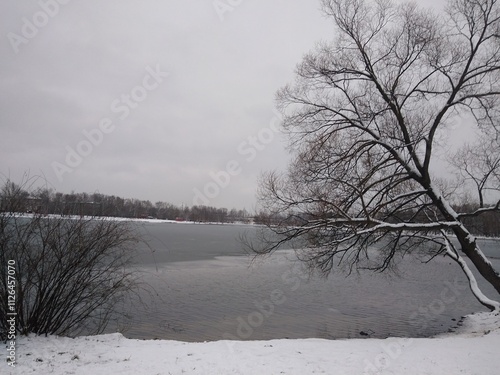 late autumn, November, park, winter, lake, ice photo