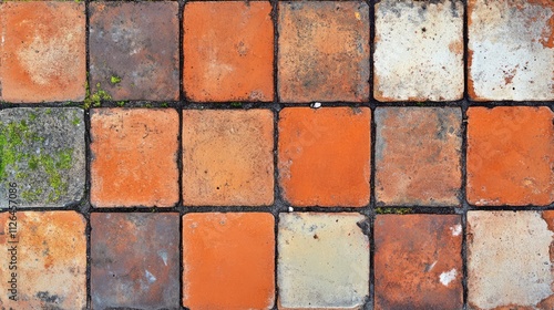 Array of weathered red and orange bricks arranged on a construction site surface showcasing texture and color variations. photo