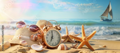 Summertime vacation concept. Time to relax. Last minute deals. Alarm clock with straw hat, starfish on the sand beach and sea background.