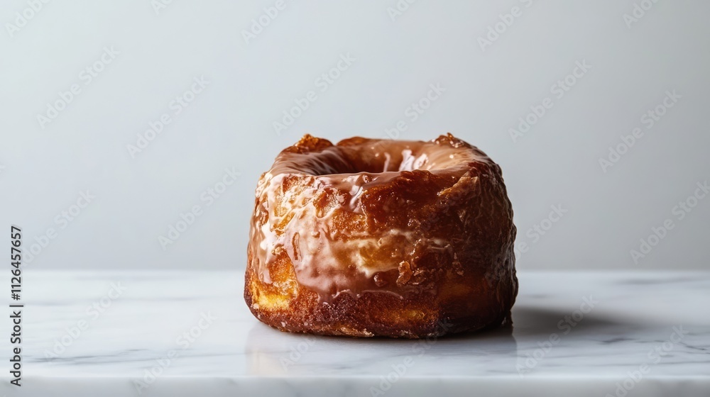 Glazed donut on marble surface with a minimalist white background showcasing its texture and sweetness Glazed donut on marble surface with a minimalist white background showcasing its texture and sweetness
