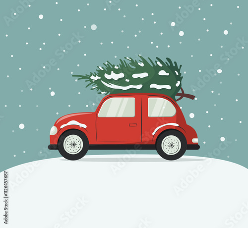 Red retro car with a Christmas tree on the roof. It is snowing. Holiday atmosphere. Vector illustration for a postcard.