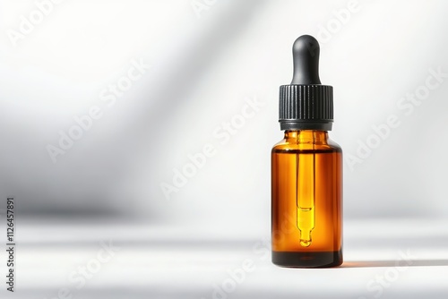 Amber dropper bottle on light background with shadows